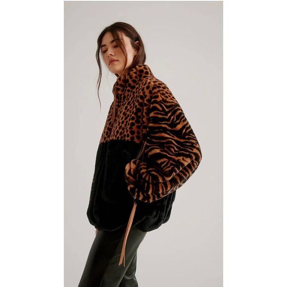 Nikki Jones Multi Print Faux Fur Jacket Balloon Sleeves Pockets Sz L Mob Wife - Picture 5 of 16